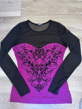 90s Jane Norman Black & Fuchsia Mesh Accent Top